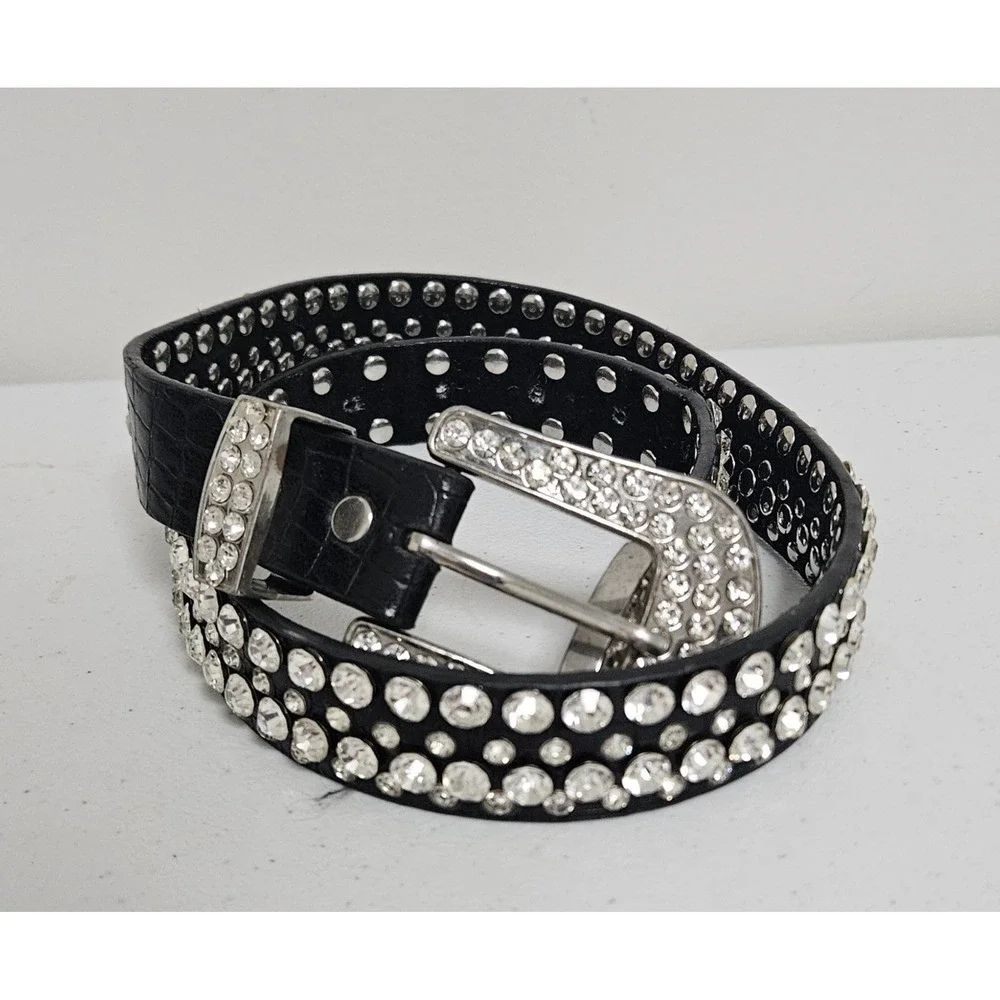 Beltiscool Belt Womens 35 Black Rhinestone Western Bling Croc Embossed Rockstar*